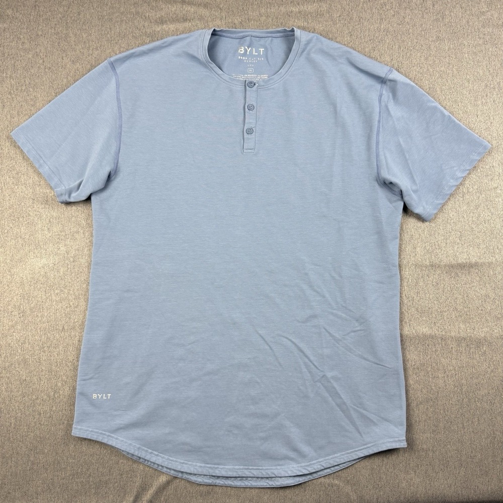BYLT Shirt Mens XL Baby Blue Drop Cut Short Sleeve Lux Henley Stretch